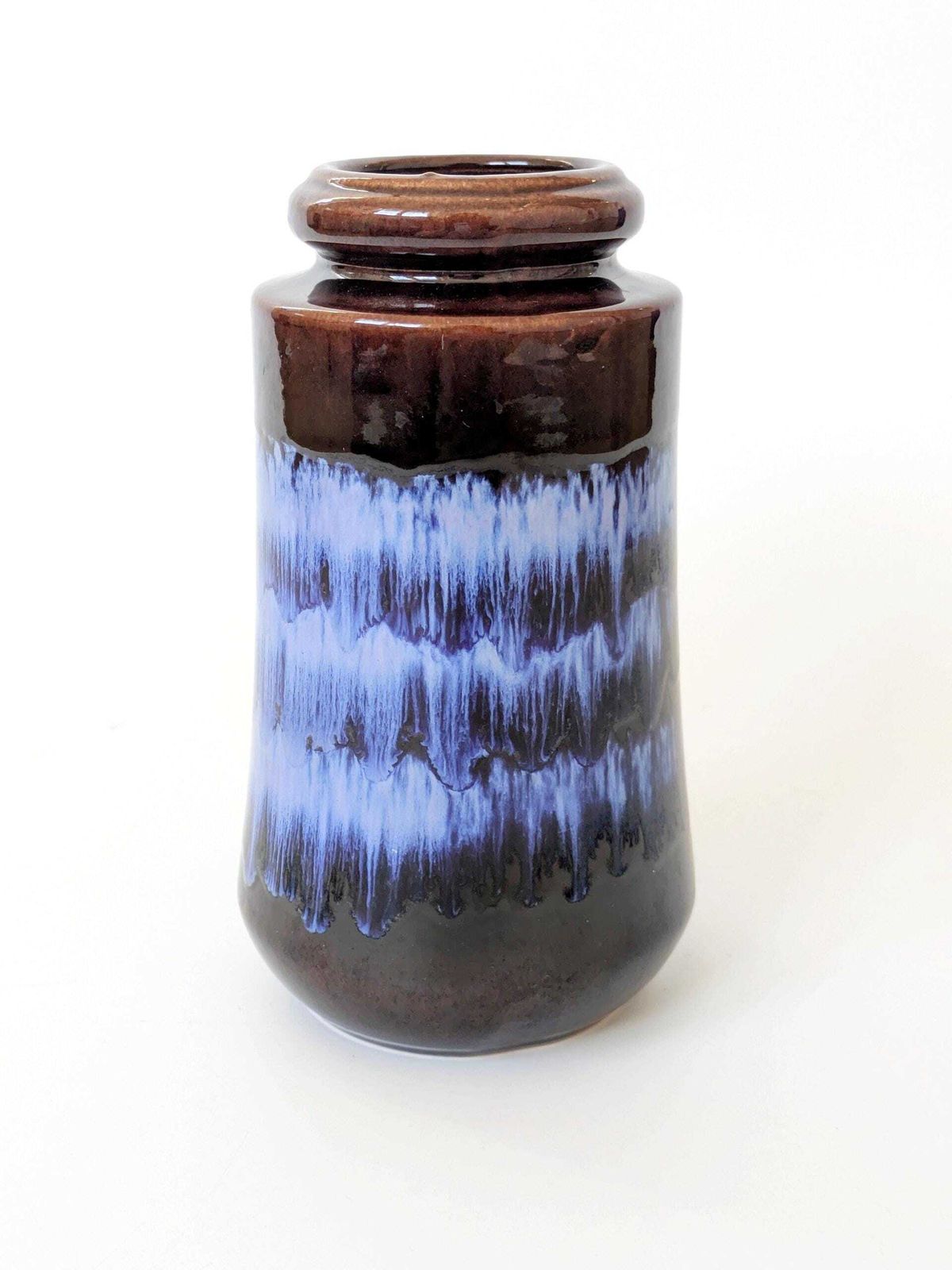 Midcentury Scheurich 249/21, West Germany Tall Ceramic Vase, Chocolate Brown Blue Drip Glaze photo for sale