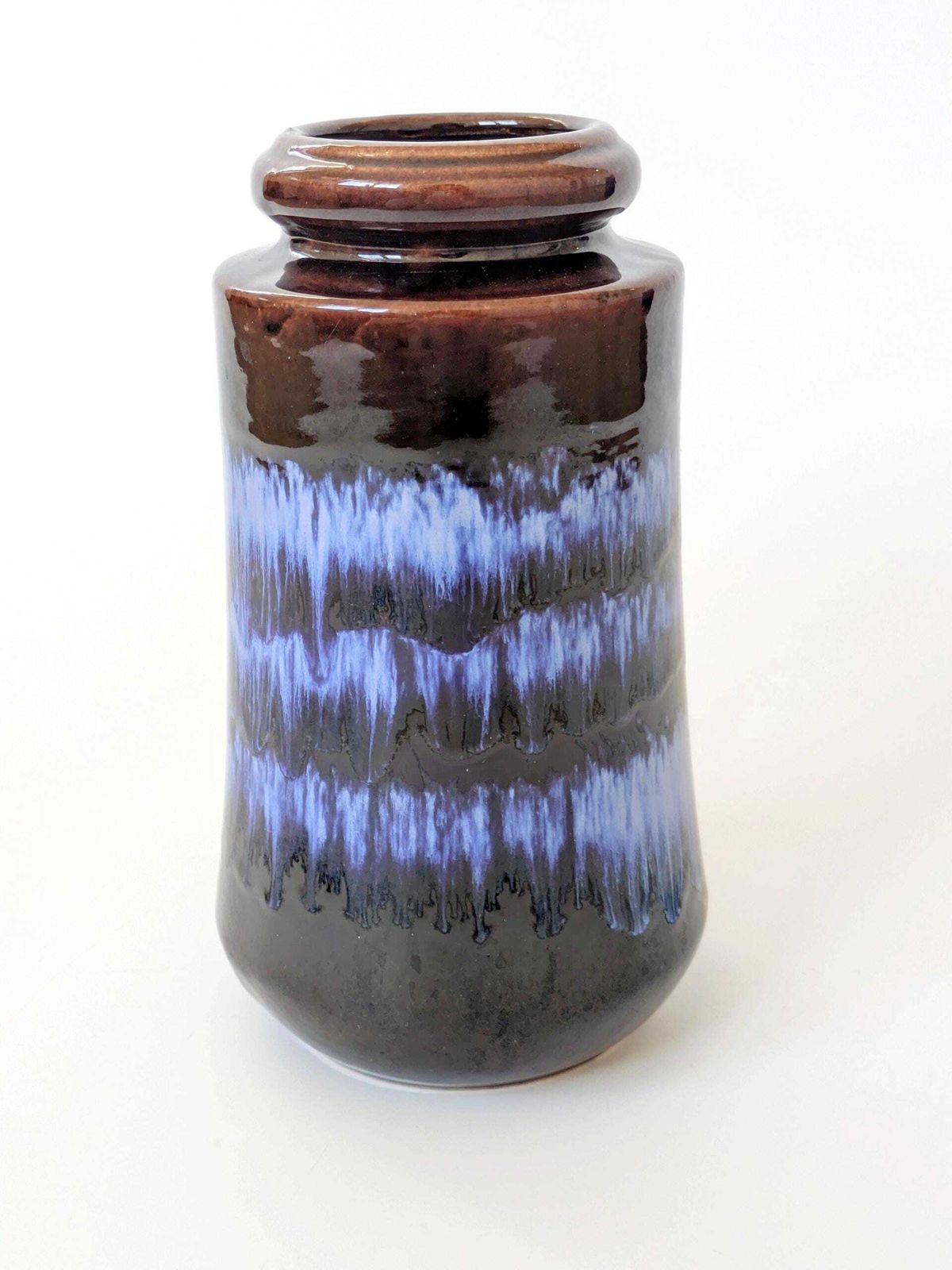 Midcentury Scheurich 249/21, West Germany Tall Ceramic Vase, Chocolate Brown Blue Drip Glaze photo vinterior