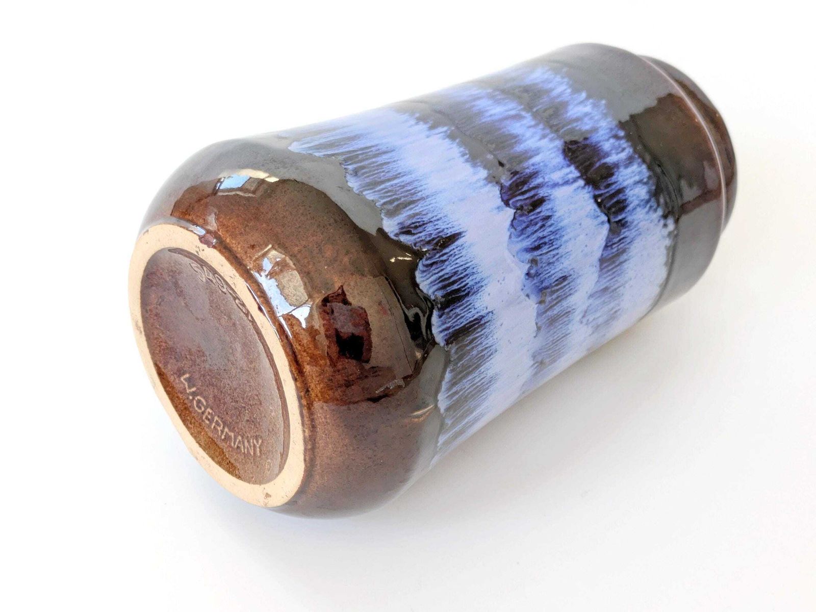 Home Decor Midcentury Scheurich 249/21, West Germany Tall Ceramic Vase, Chocolate Brown Blue Drip Glaze photo