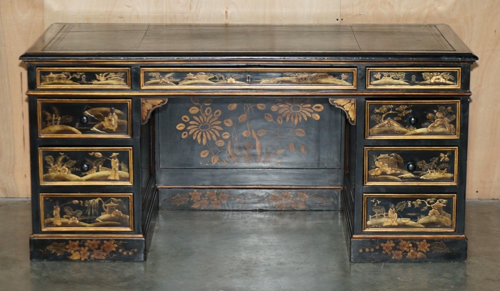 Antique 19th Century Chinese Chinoiserie Kneehole Desk Napoleonic Blue Leather photo for sale