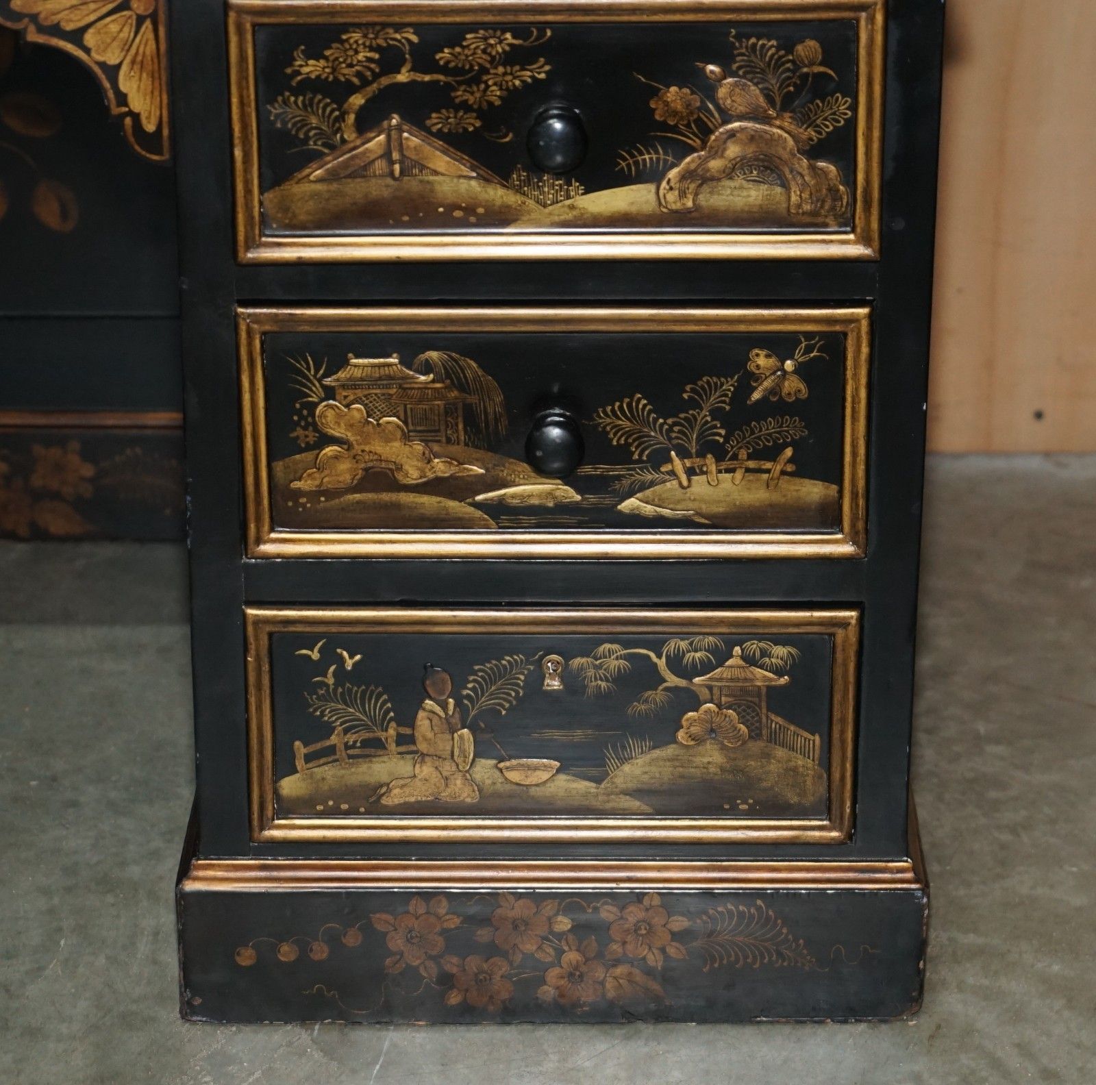 Antique 19th Century Chinese Chinoiserie Kneehole Desk Napoleonic Blue Leather photo vintage