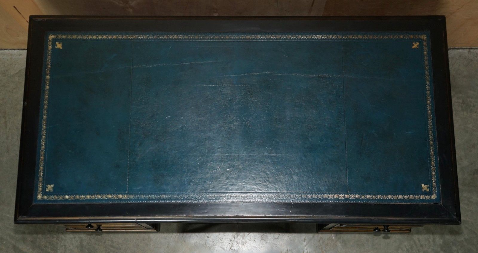 Furniture Antique 19th Century Chinese Chinoiserie Kneehole Desk Napoleonic Blue Leather photo