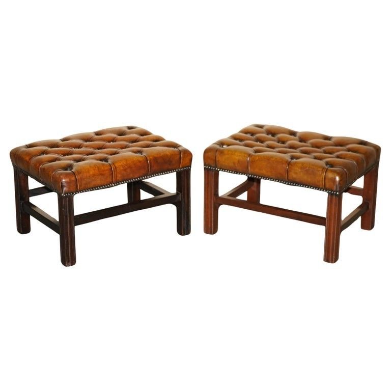 Pair Of Restored Vintage Hand Dyed Brown Leather Chesterfield Tufted Footstools