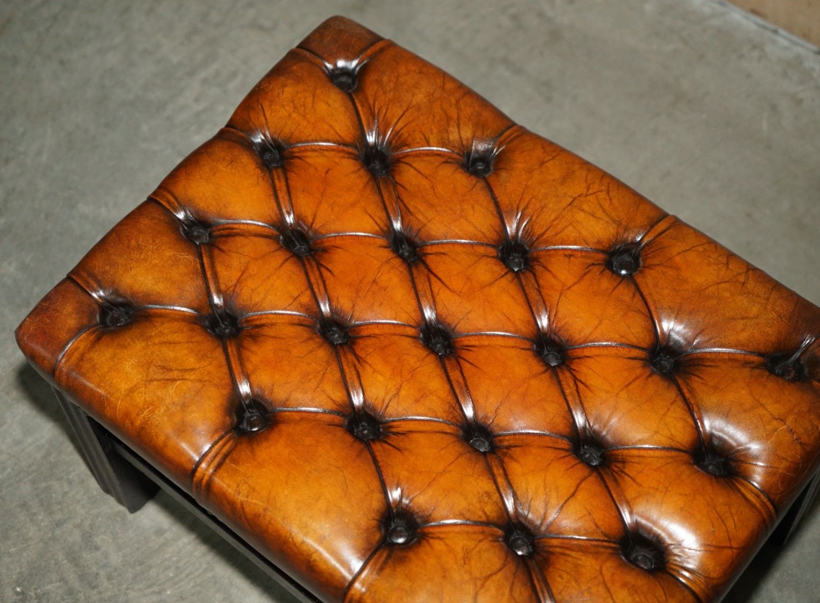 Pair Of Restored Vintage Hand Dyed Brown Leather Chesterfield Tufted Footstools photo vinterior