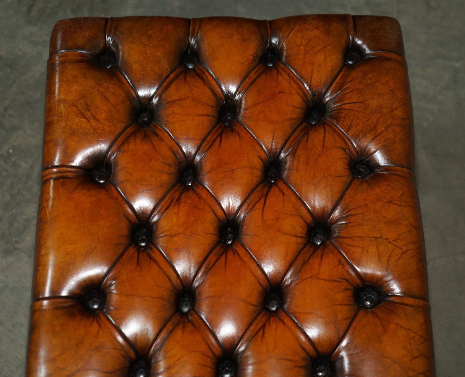 Pair Of Restored Vintage Hand Dyed Brown Leather Chesterfield Tufted Footstools photo vintage