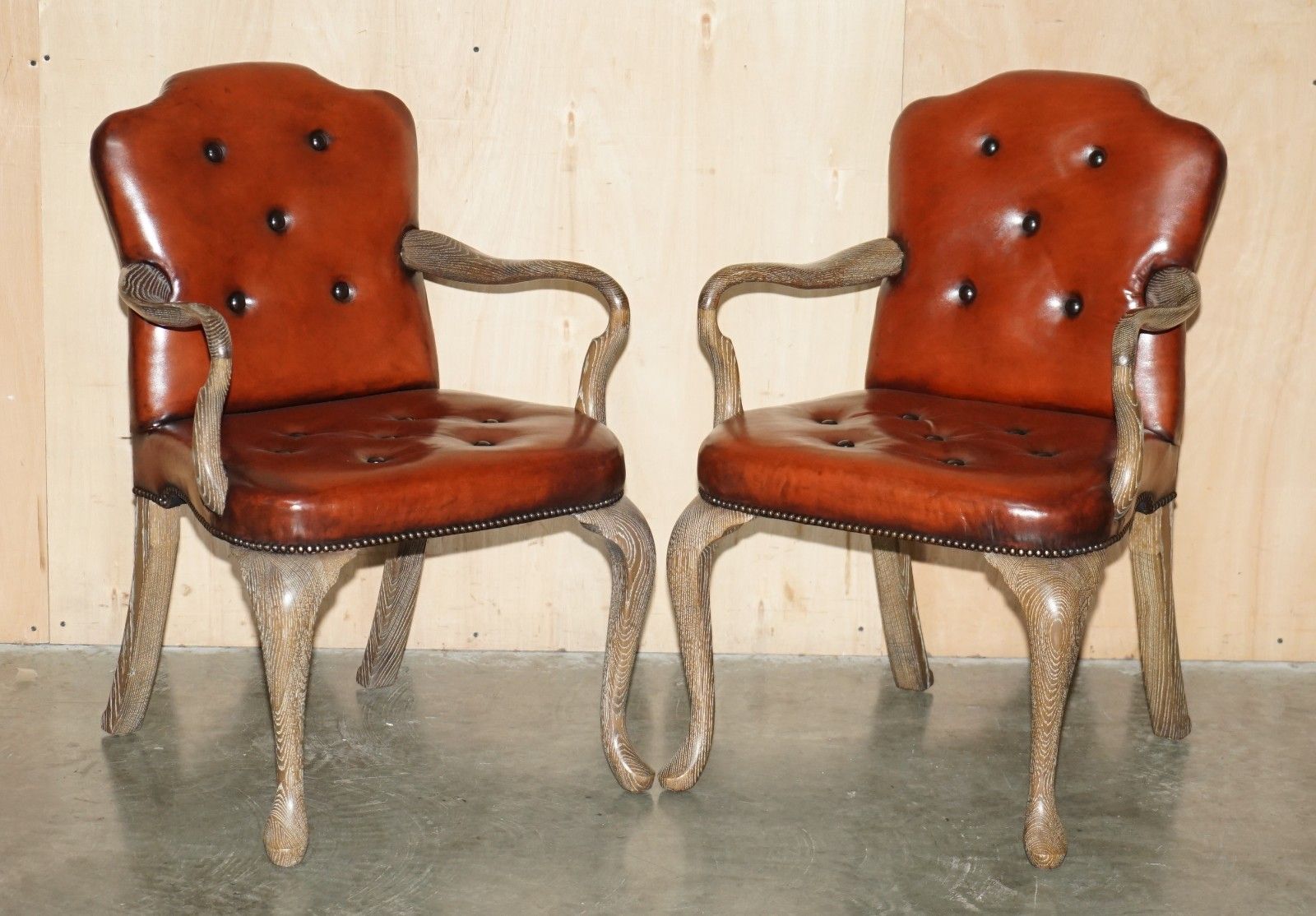 Ten Restored Shepherds Crook Limed Oak Brown Leather Chesterfield Dining Chairs photo furniture