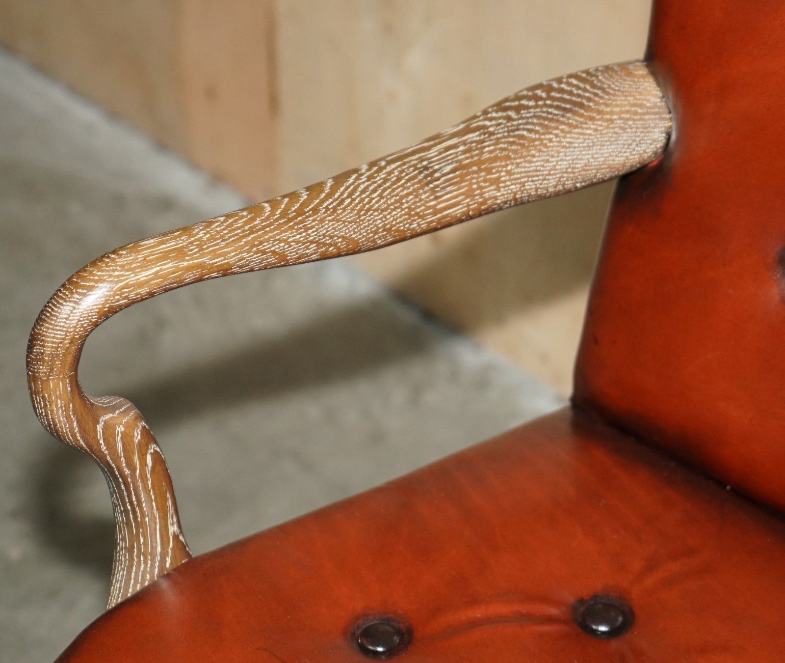 photo for sale Ten Restored Shepherds Crook Limed Oak Brown Leather Chesterfield Dining Chairs
