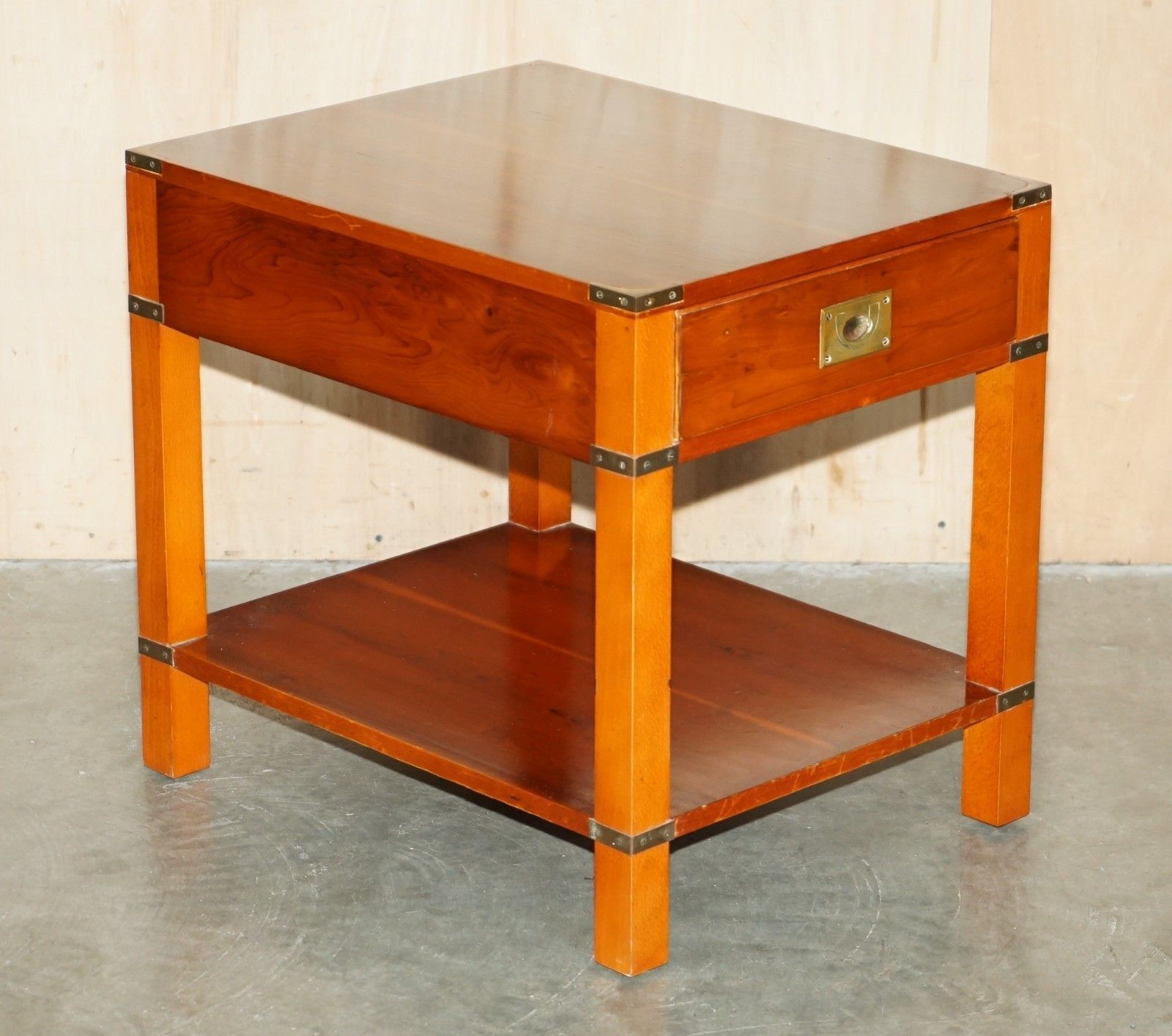 Fully Restored Military Campaign Style Yew Wood Single Drawer Side End Table photo furniture