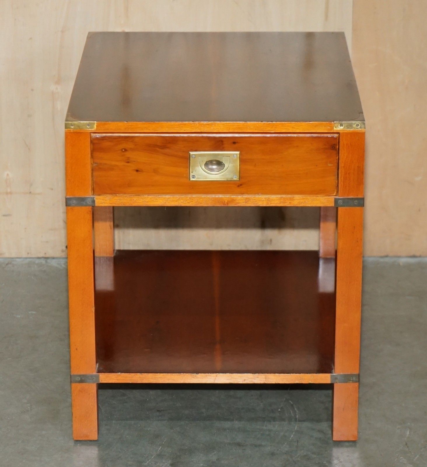 Fully Restored Military Campaign Style Yew Wood Single Drawer Side End Table photo for sale