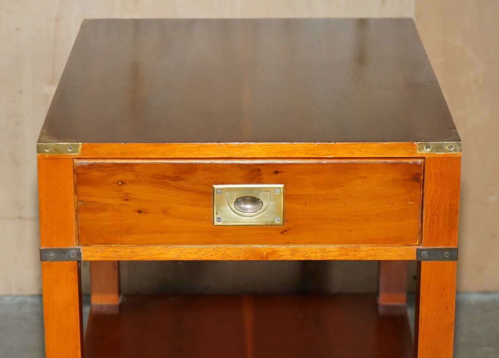 Fully Restored Military Campaign Style Yew Wood Single Drawer Side End Table photo Furniture