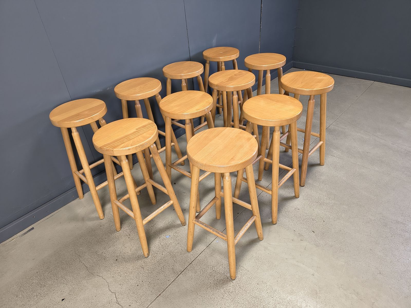 photo for sale Alpine Style Chalet Stools In Wood, Set Of 11   1970s
