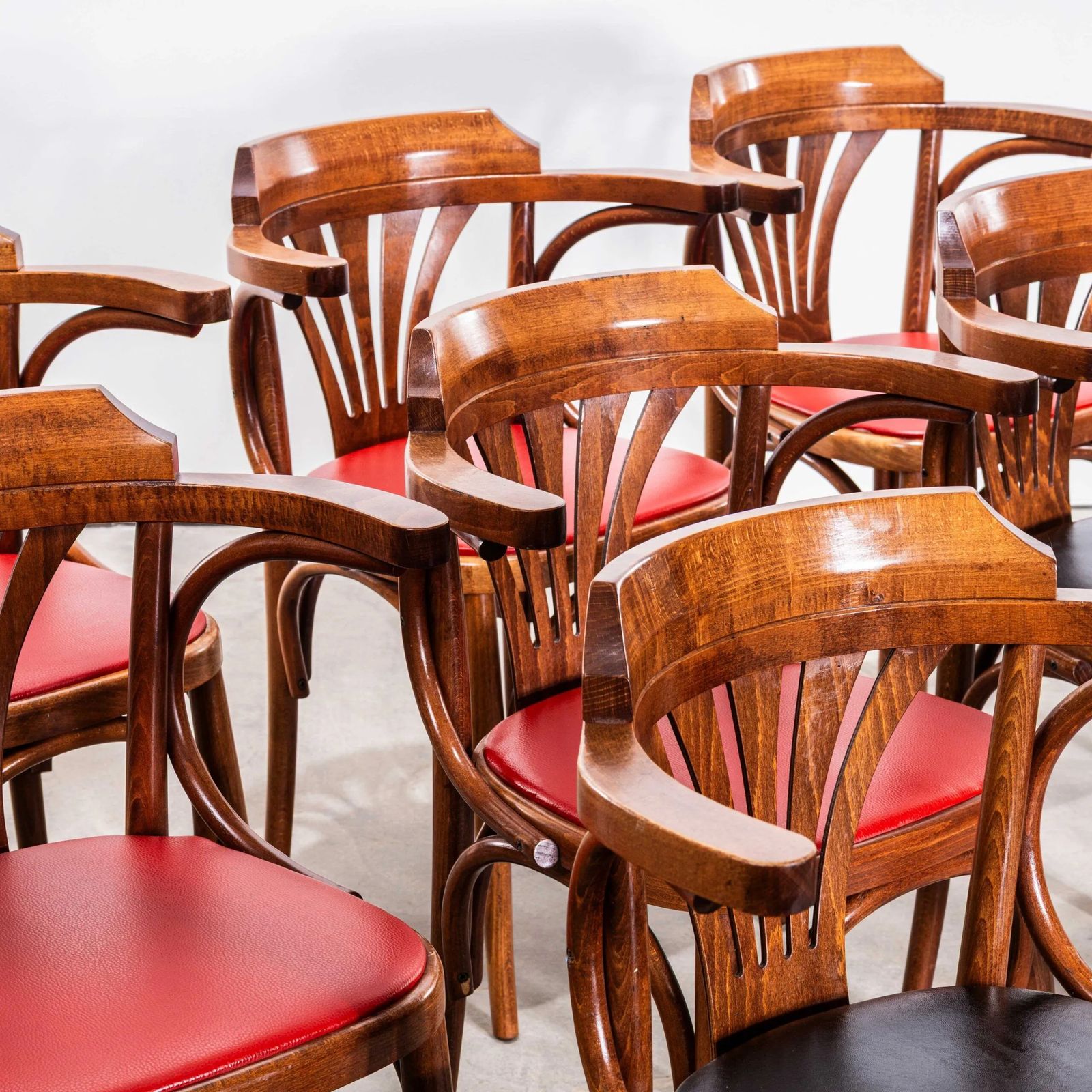 1970’s Red Upholstered Fanback Arm Dining Chairs – Set Of Eight photo vinterior