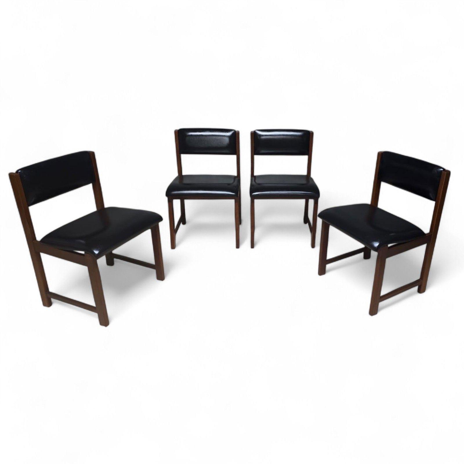 Set Of 4 Mid Century Teak Dining Chairs Pivoting Tilt Back Black Vinyl Mcm