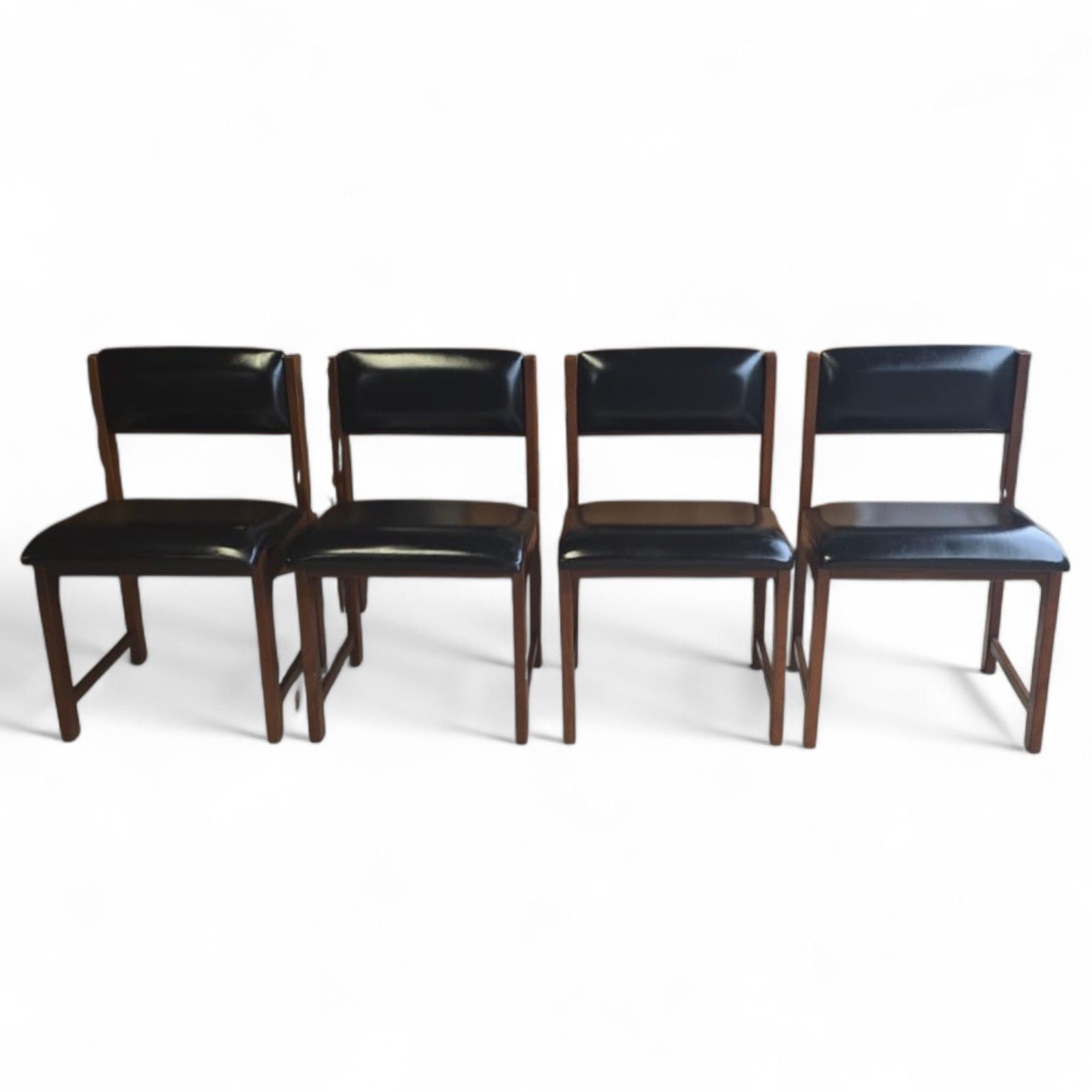 photo for sale Set Of 4 Mid Century Teak Dining Chairs Pivoting Tilt Back Black Vinyl Mcm