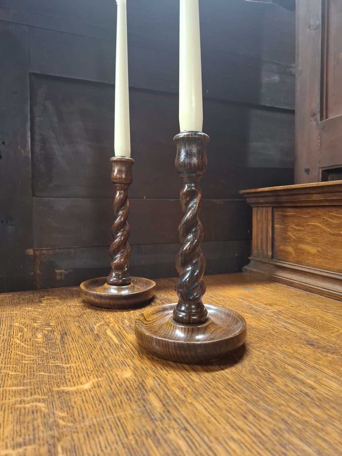 Pair Of Victorian Oak Barley Twist Candle Sticks photo furniture