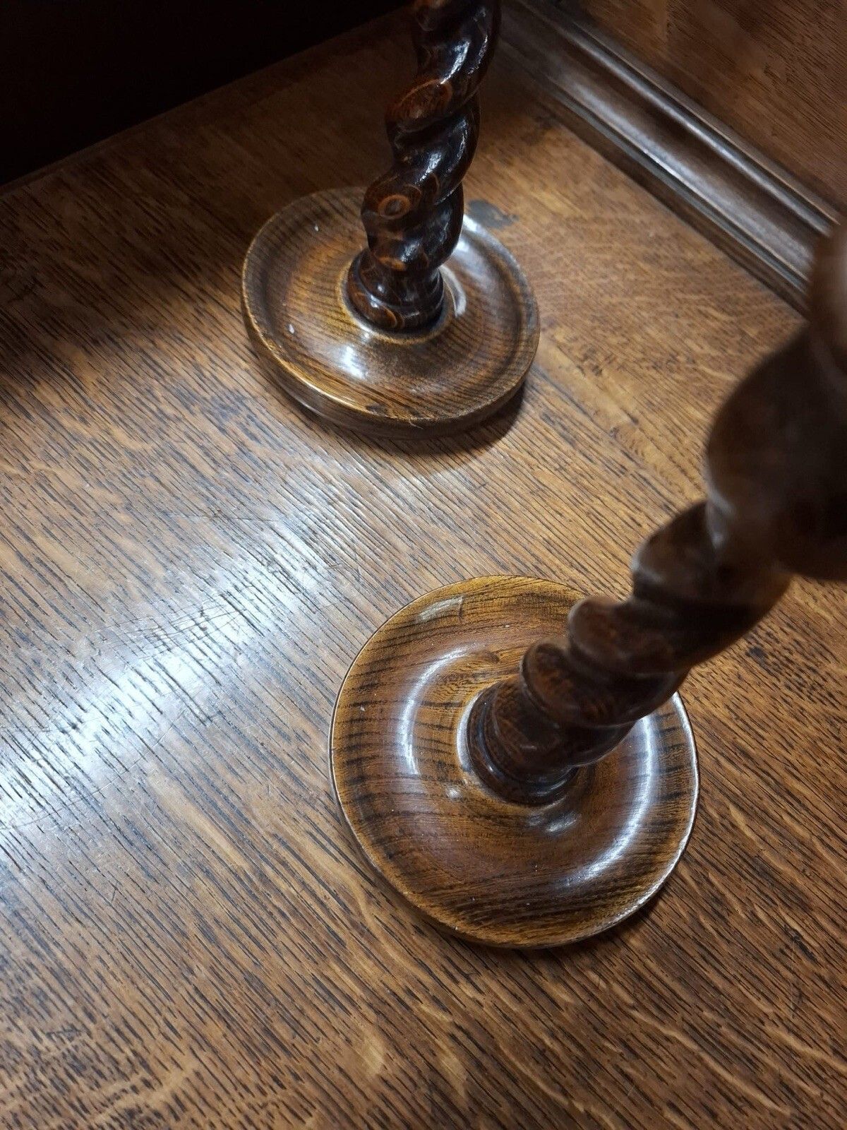 Pair Of Victorian Oak Barley Twist Candle Sticks photo Home Decor