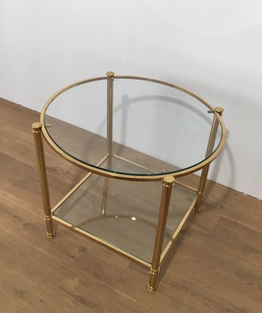 Pair Of Round Brass 2 Tiers Side Tables. Circa 1970 photo vinterior