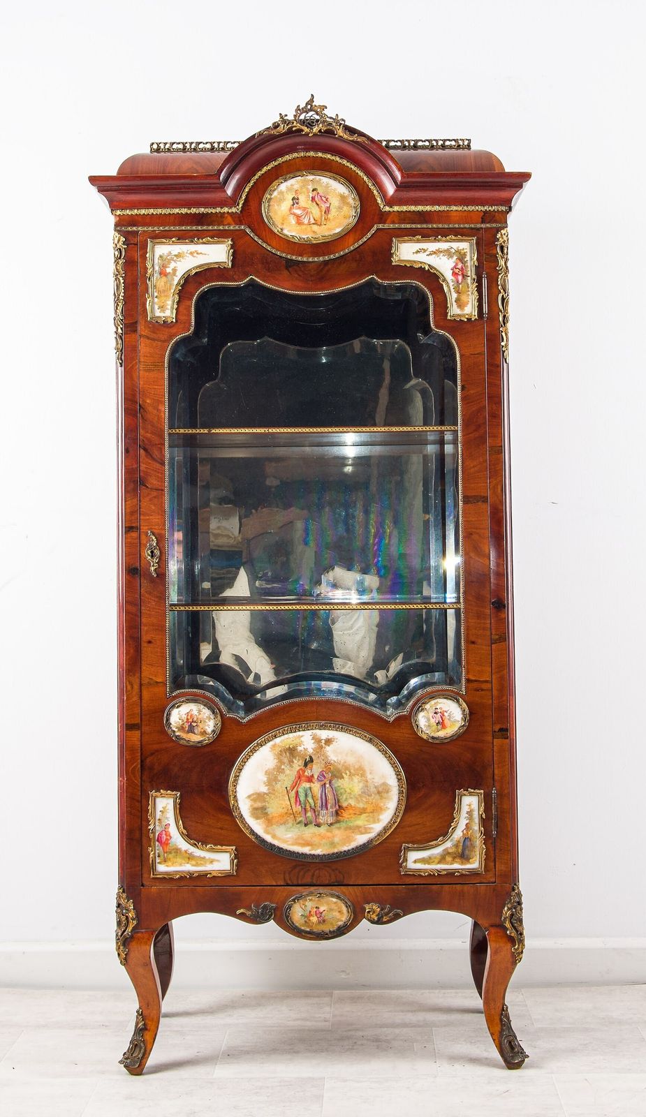 French Louis XVI Revival Walnut Vitrine With Porcelain Plaques, C.1910
