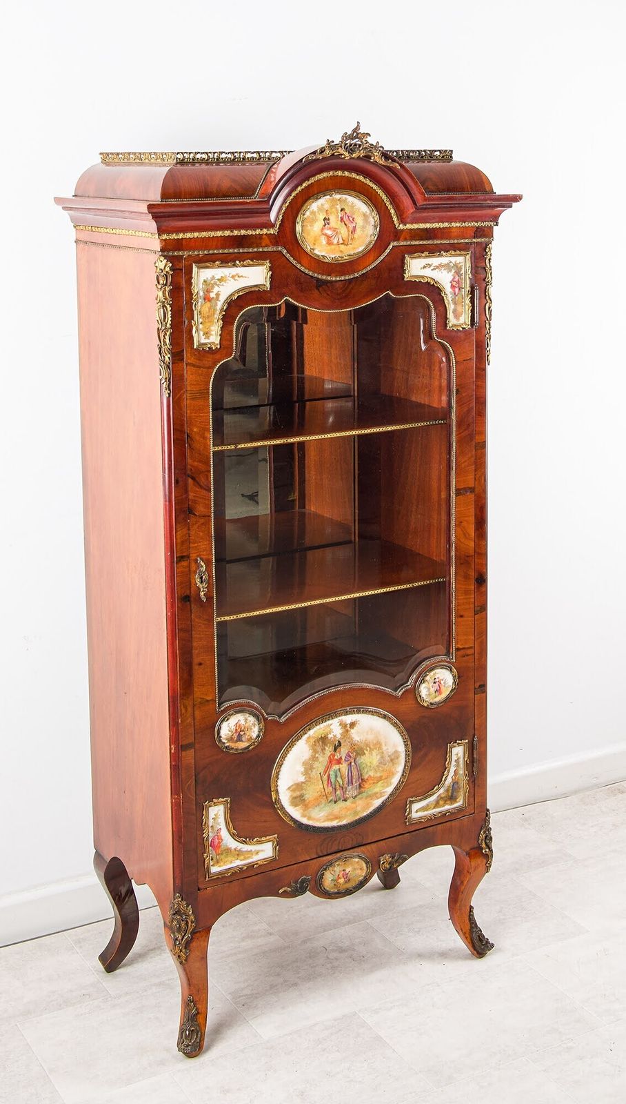 French Louis XVI Revival Walnut Vitrine With Porcelain Plaques, C.1910 photo furniture