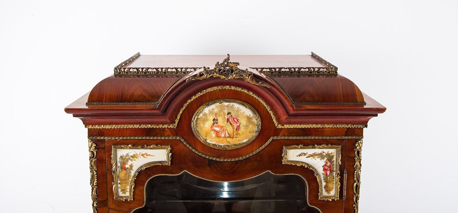 French Louis XVI Revival Walnut Vitrine With Porcelain Plaques, C.1910 photo vinterior