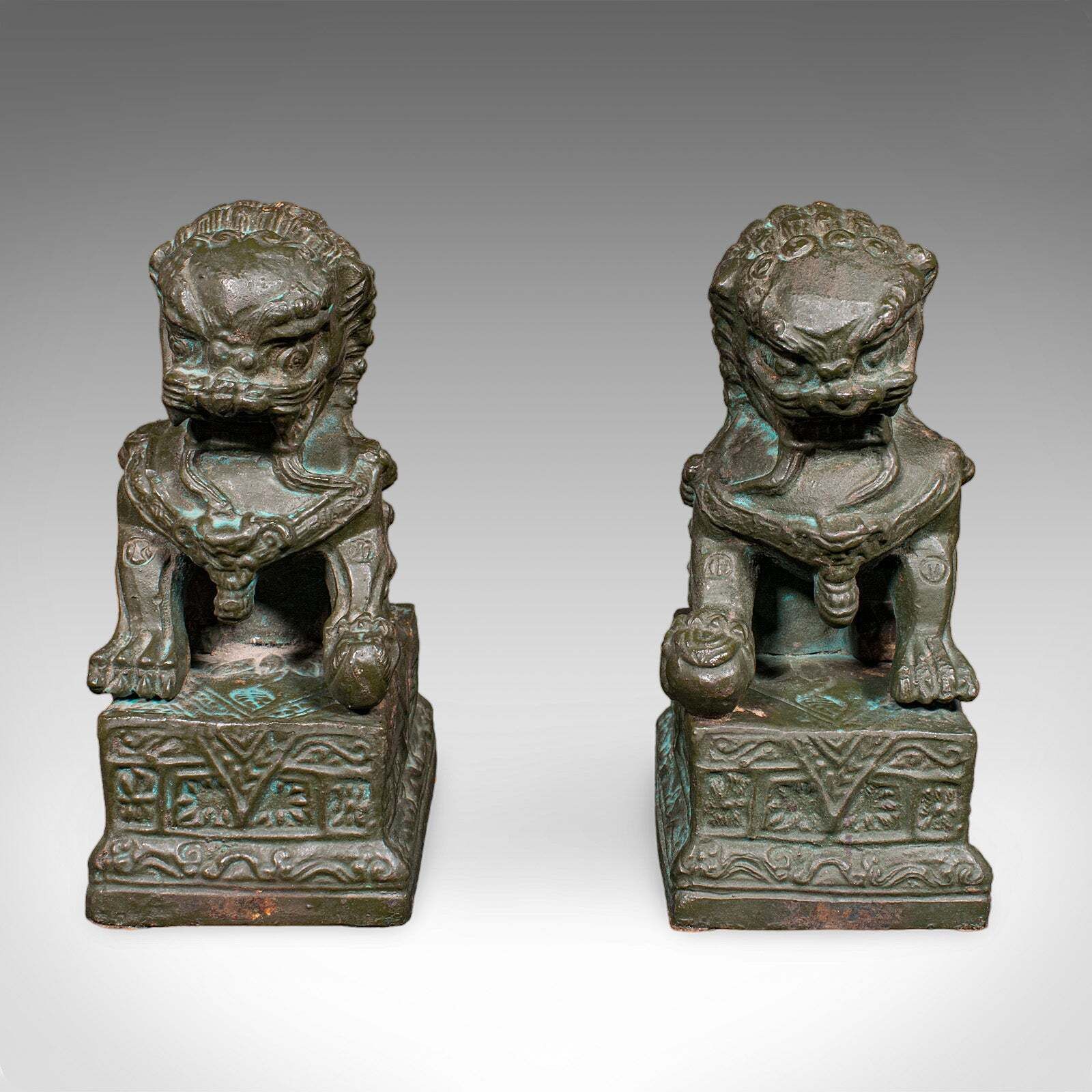 Pair Of Vintage Dog Of Fo Bookends, Oriental, Bronze, Book Rest, Art Deco, 1930 photo for sale