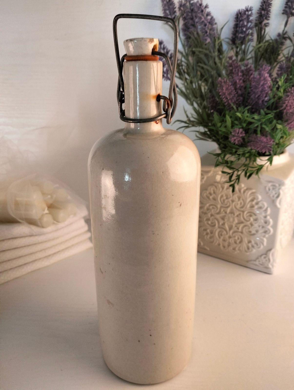 Antique French Stoneware Bottle, White Glazed Cider Jug, Porcelain Cap photo Home Decor