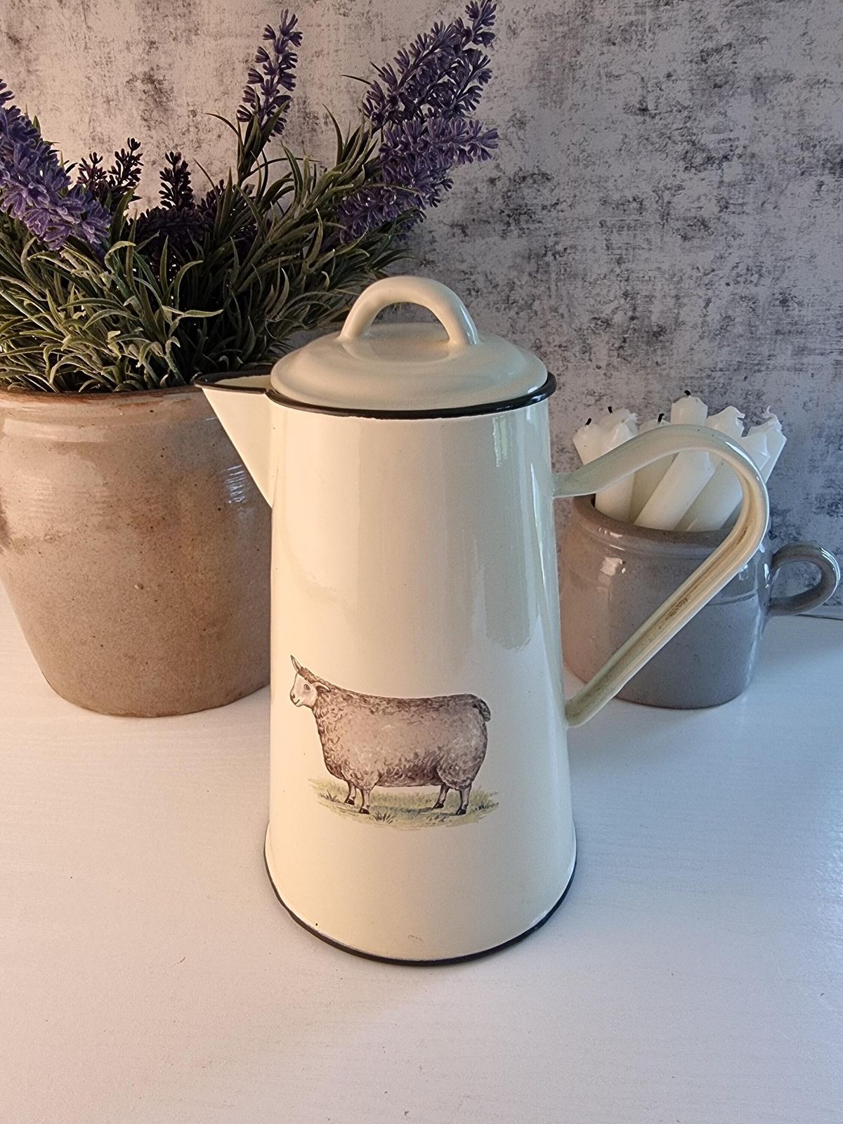 Vintage French Enamel Coffee Pot – Cream Kitchen Decor, Sheep Design
