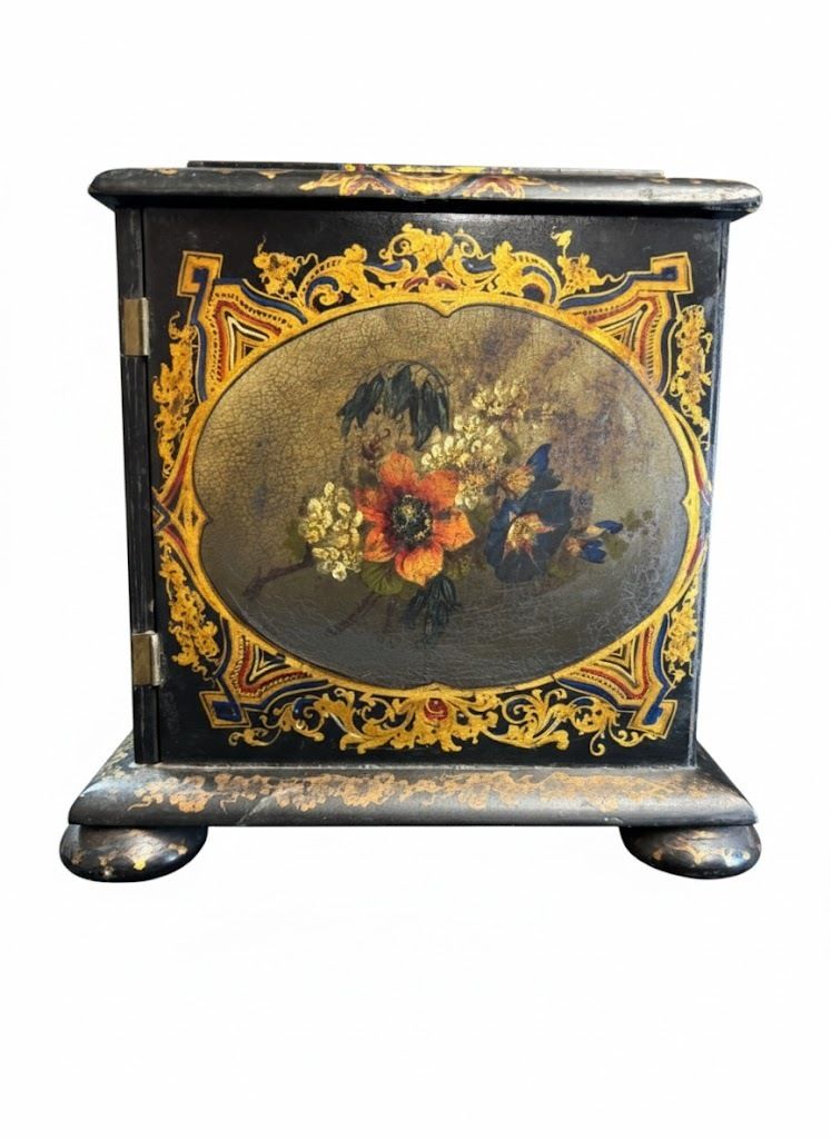 Ebonized 19th Century Sewing Box, With Original Accessories, And  Hand Painted With Bouquets Of Flowers. photo vintage