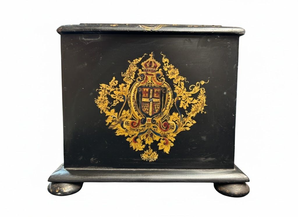photo for sale Ebonized 19th Century Sewing Box, With Original Accessories, And  Hand Painted With Bouquets Of Flowers.