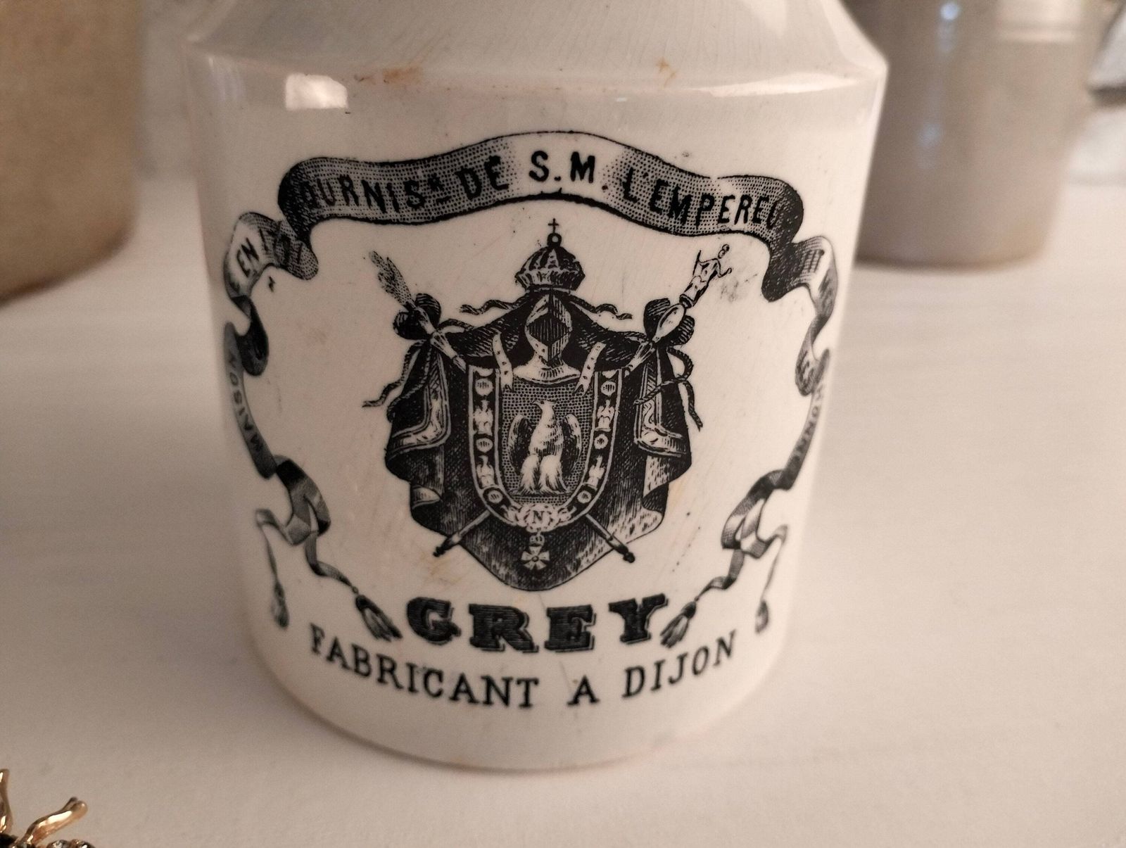 French Antique Dijon Mustard Jar, Vintage Grey Advertising Pot photo vinterior