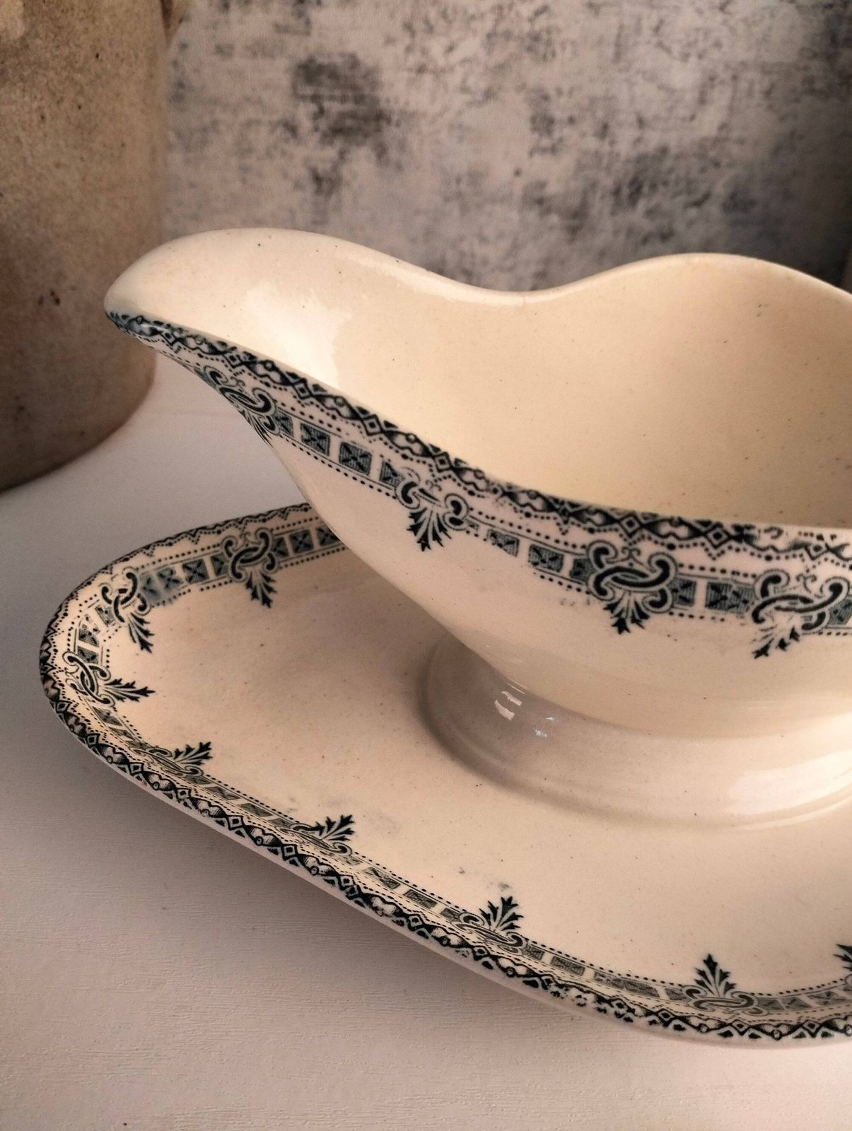 Antique Ironstone Gravy Boat, French Blue Transferware, Pedestal Sauce Jug photo for sale