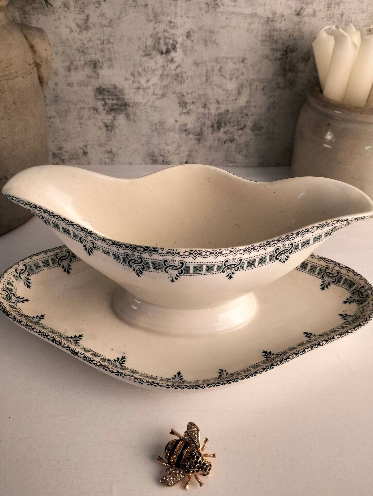 Antique Ironstone Gravy Boat, French Blue Transferware, Pedestal Sauce Jug photo Home Decor