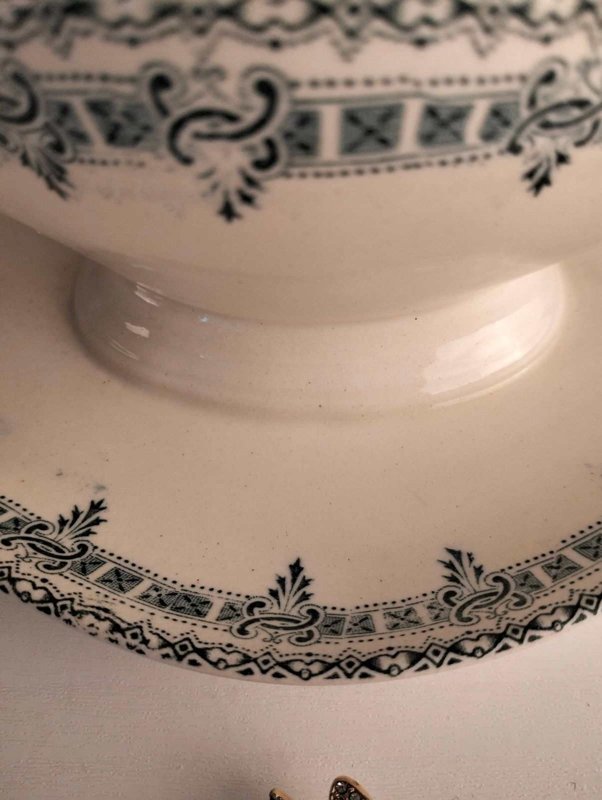 Antique Ironstone Gravy Boat, French Blue Transferware, Pedestal Sauce Jug photo vintage