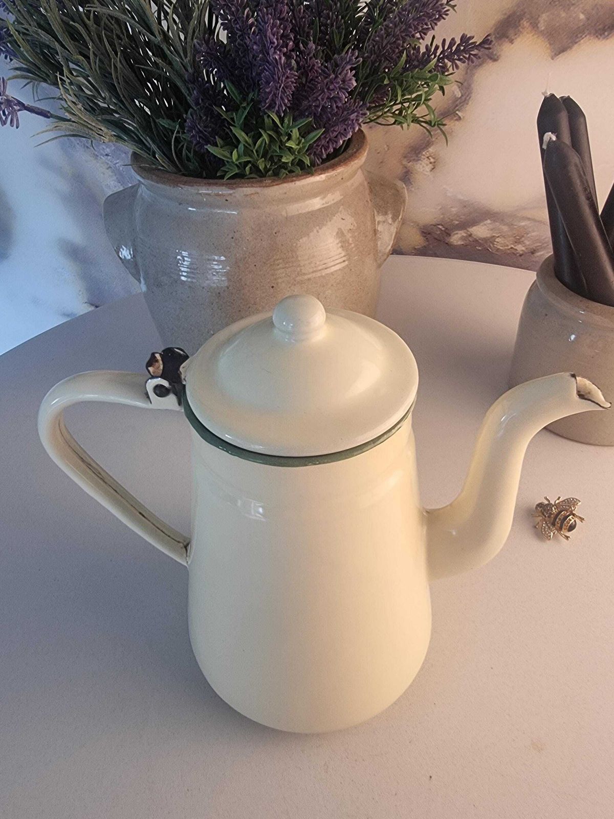 Vintage Cream Enamel Cafetiere, French Country Kitchen Decor photo Home Decor