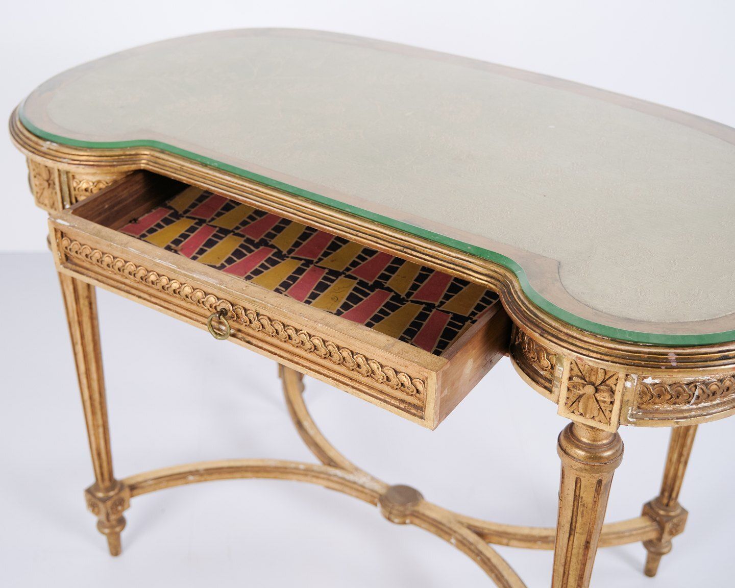 photo for sale Antique Desk With Glass Top & Drawer – Gustavian/Louis XVI Style – Gilded Wood – 1850s