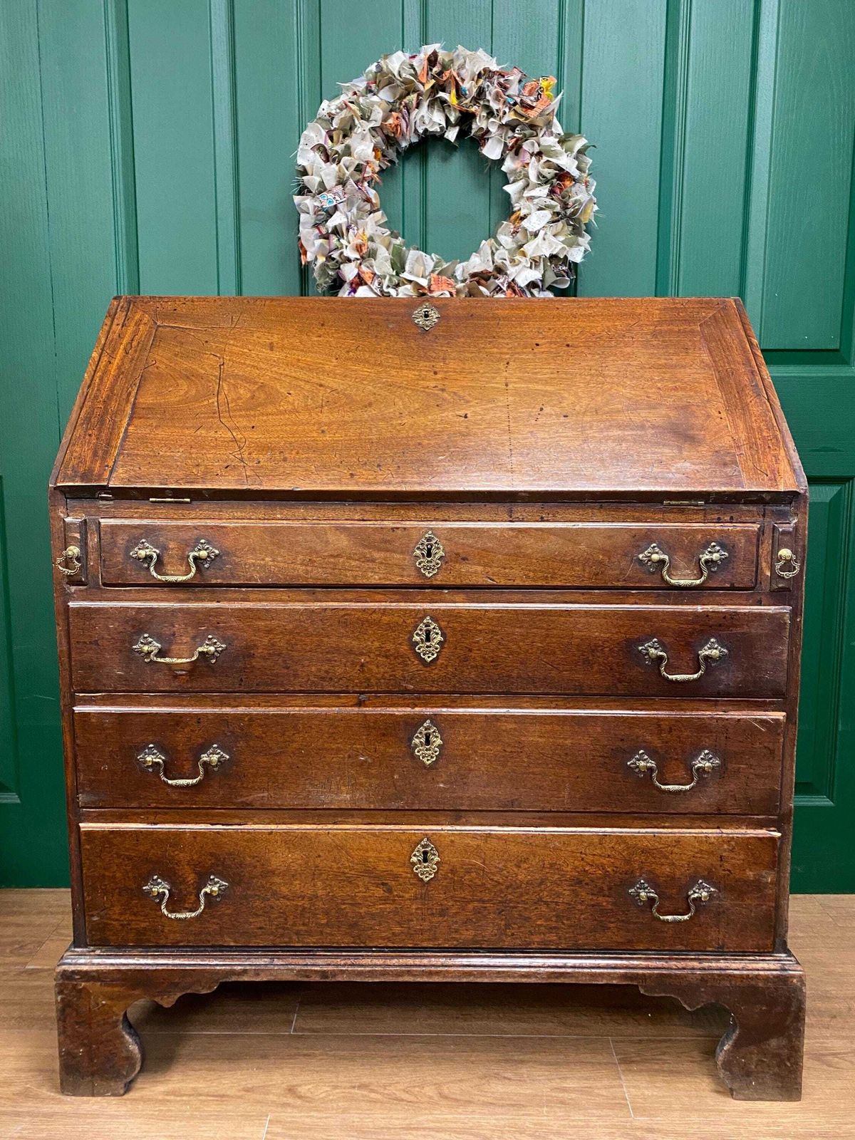 Antique 18th Century George III Solid Mahogany Bureau, Intricate Interior