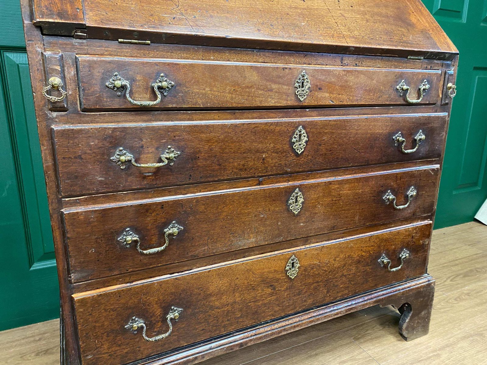 Antique 18th Century George III Solid Mahogany Bureau, Intricate Interior photo for sale