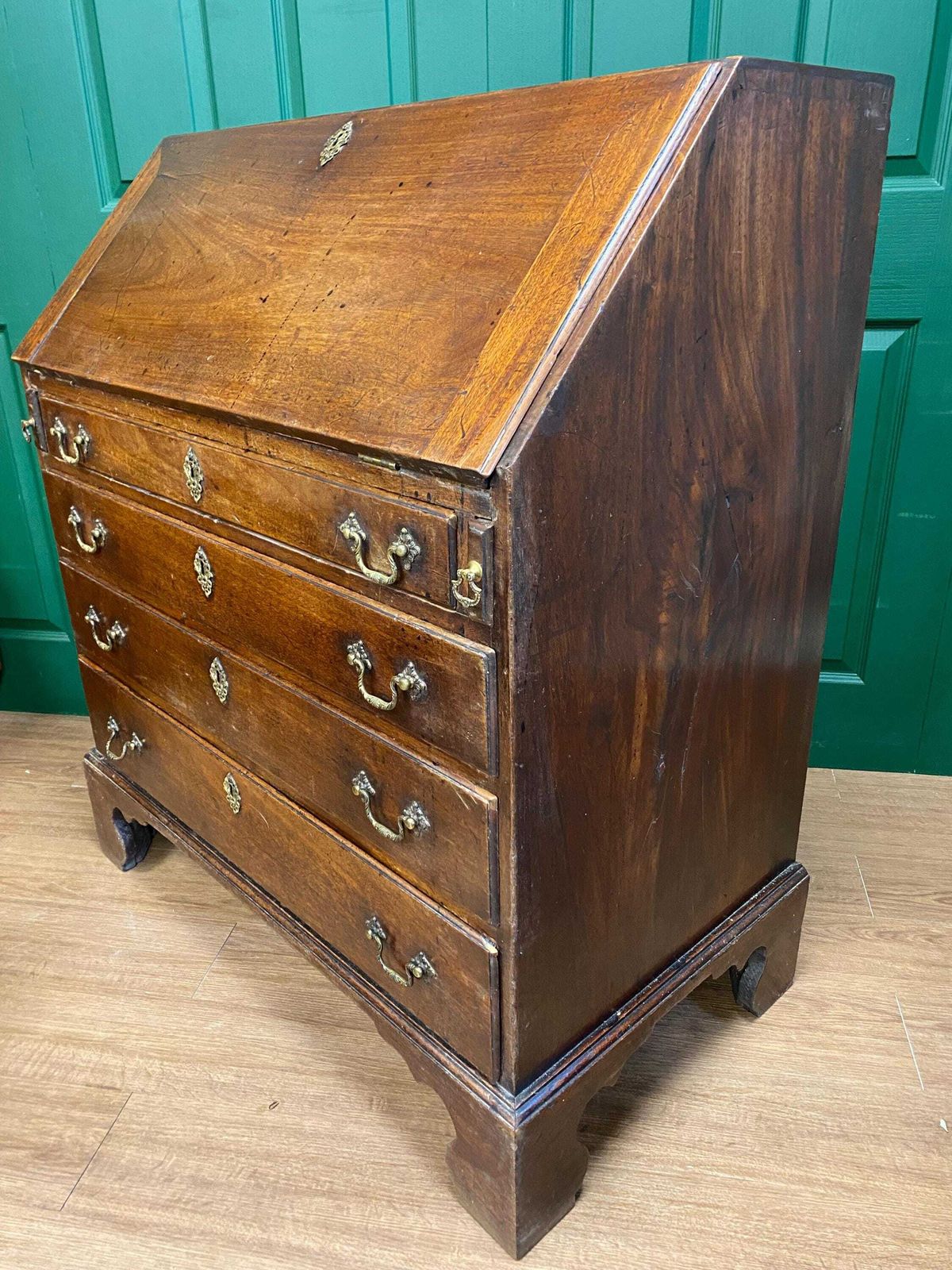 Antique 18th Century George III Solid Mahogany Bureau, Intricate Interior photo vintage