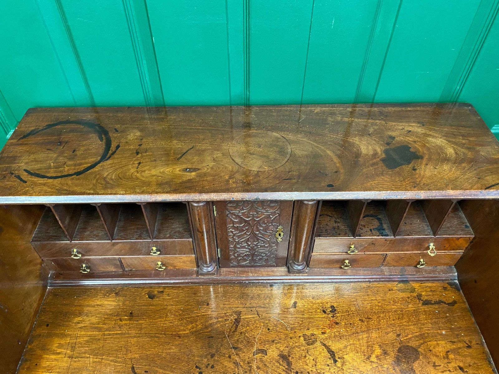 photo for sale Antique 18th Century George III Solid Mahogany Bureau, Intricate Interior
