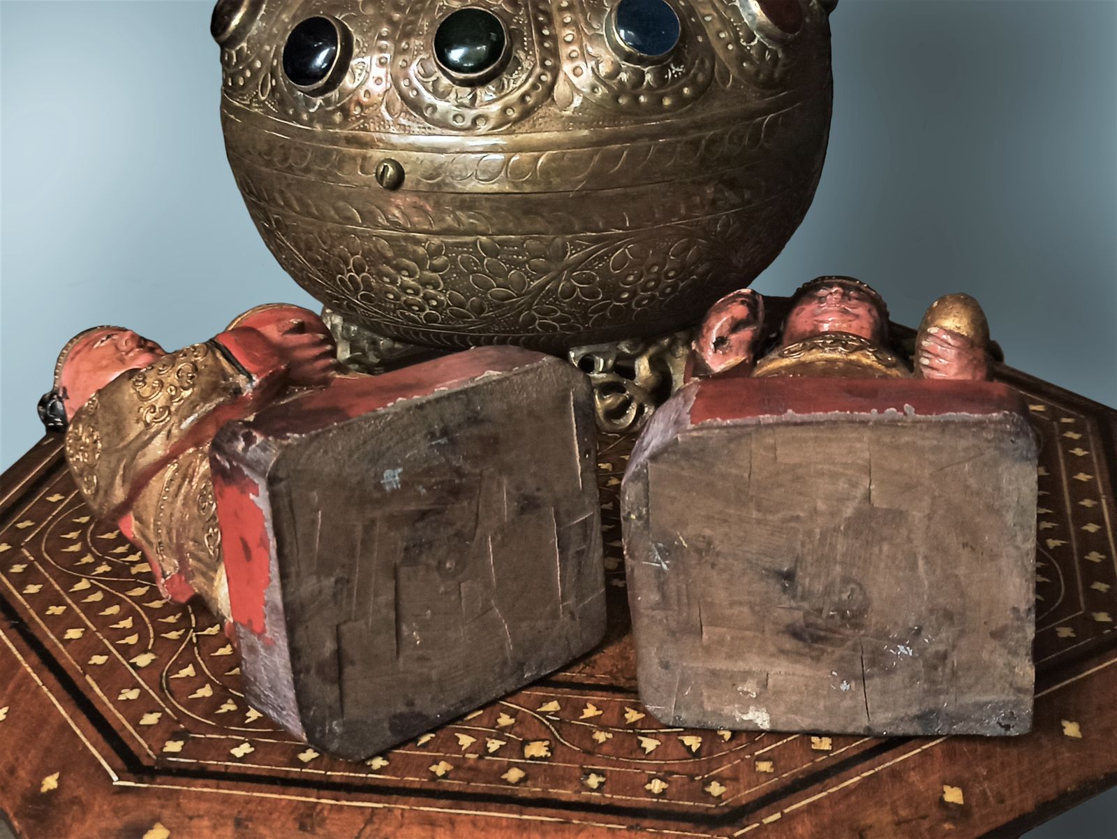 Pair Of Polychrome Gilt Gesso Painted Carved Statues Temple Deity photo Art