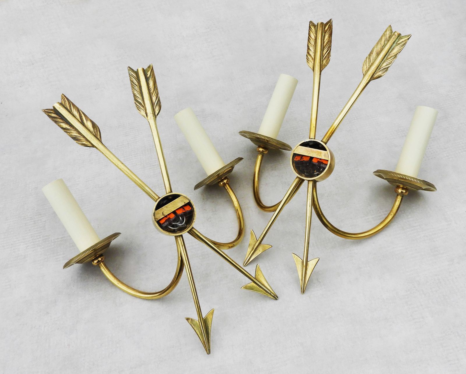photo for sale Pair Of Neoclassical Crossed Arrow Wall Light Sconces Mid Century France C1960
