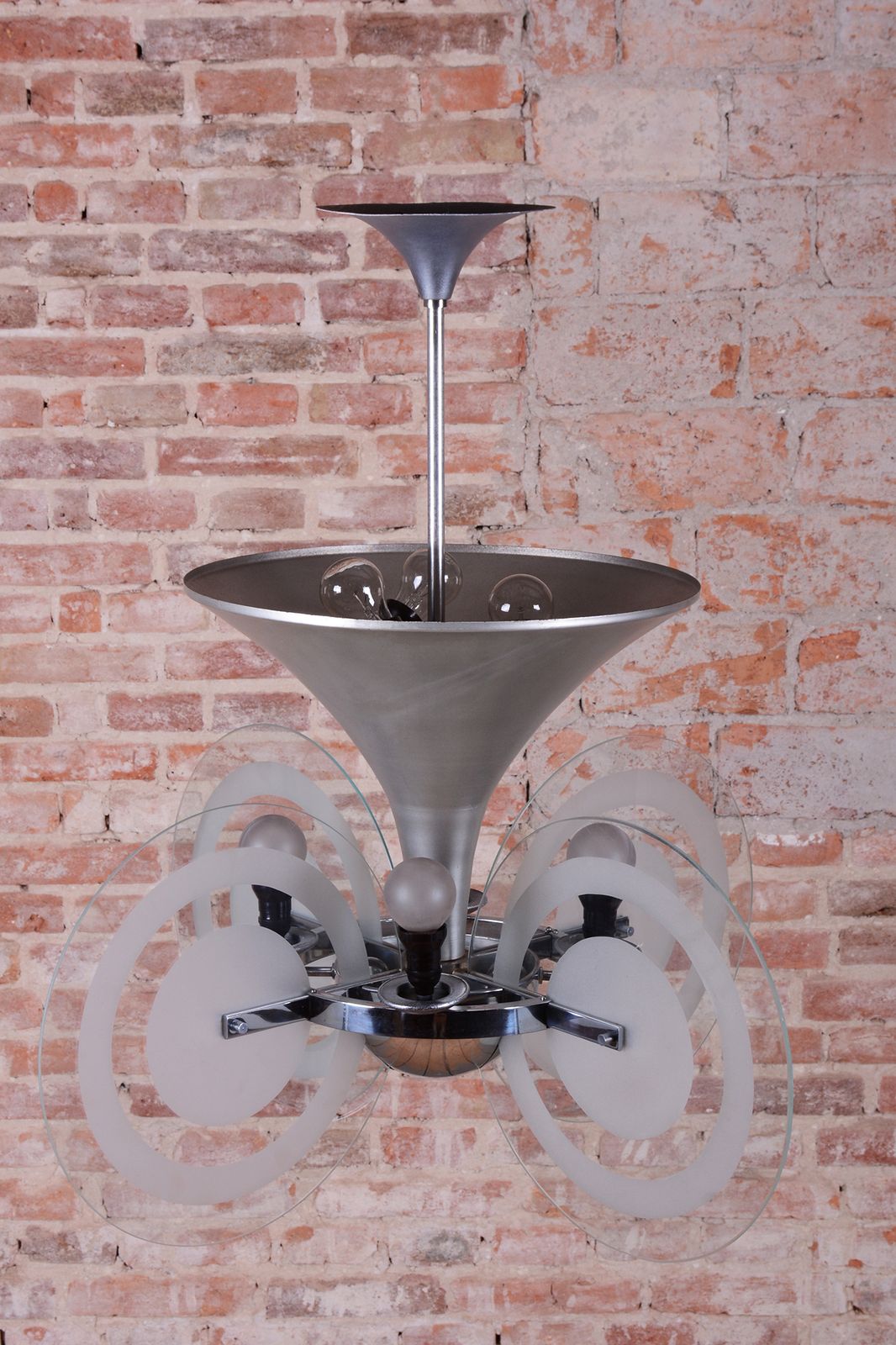 Restored Bauhaus Chandelier, By F. Anýž, Chrome, Sandblasted Glass, Czech, 1930s photo for sale