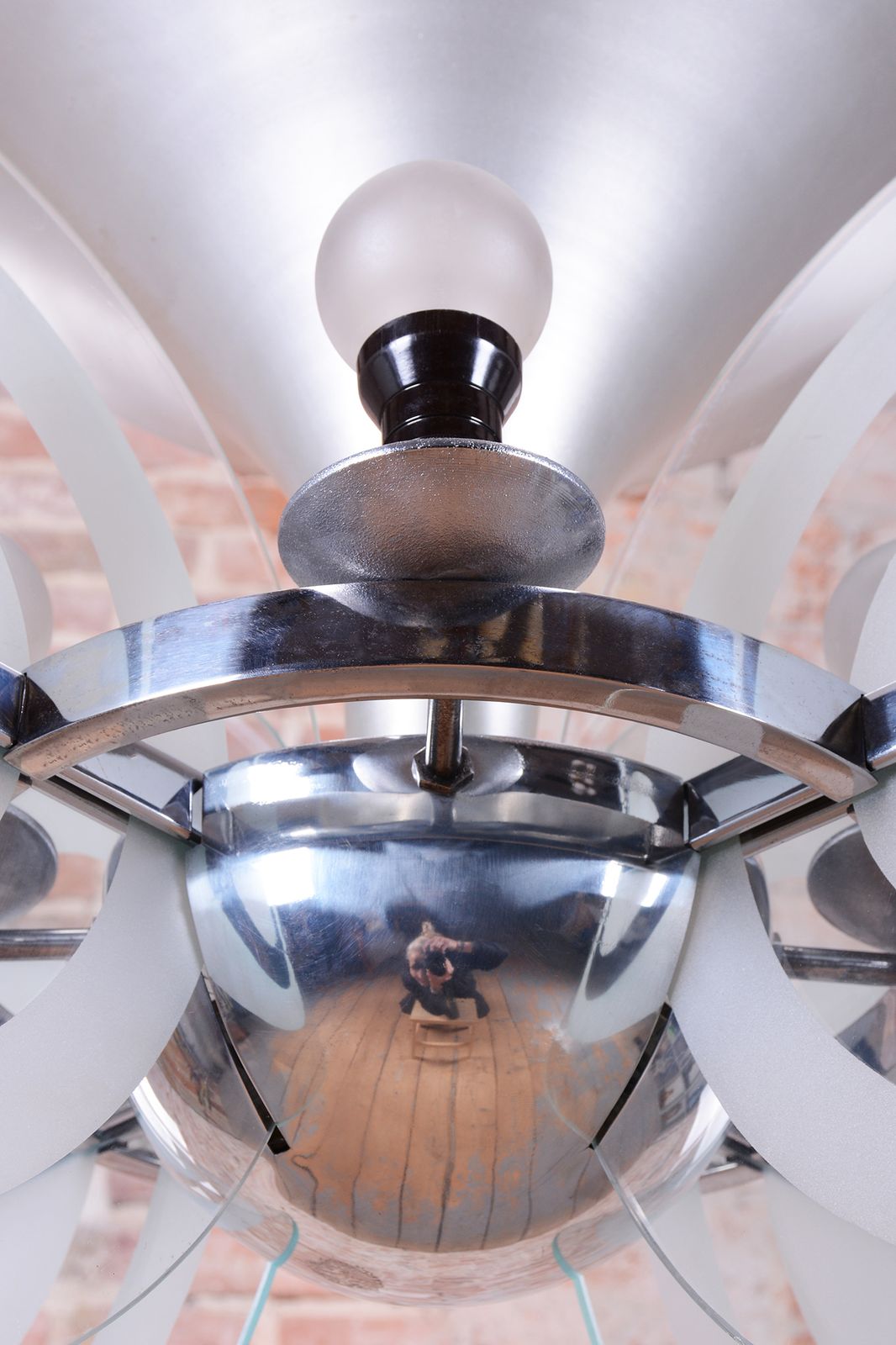 Lighting Restored Bauhaus Chandelier, By F. Anýž, Chrome, Sandblasted Glass, Czech, 1930s photo