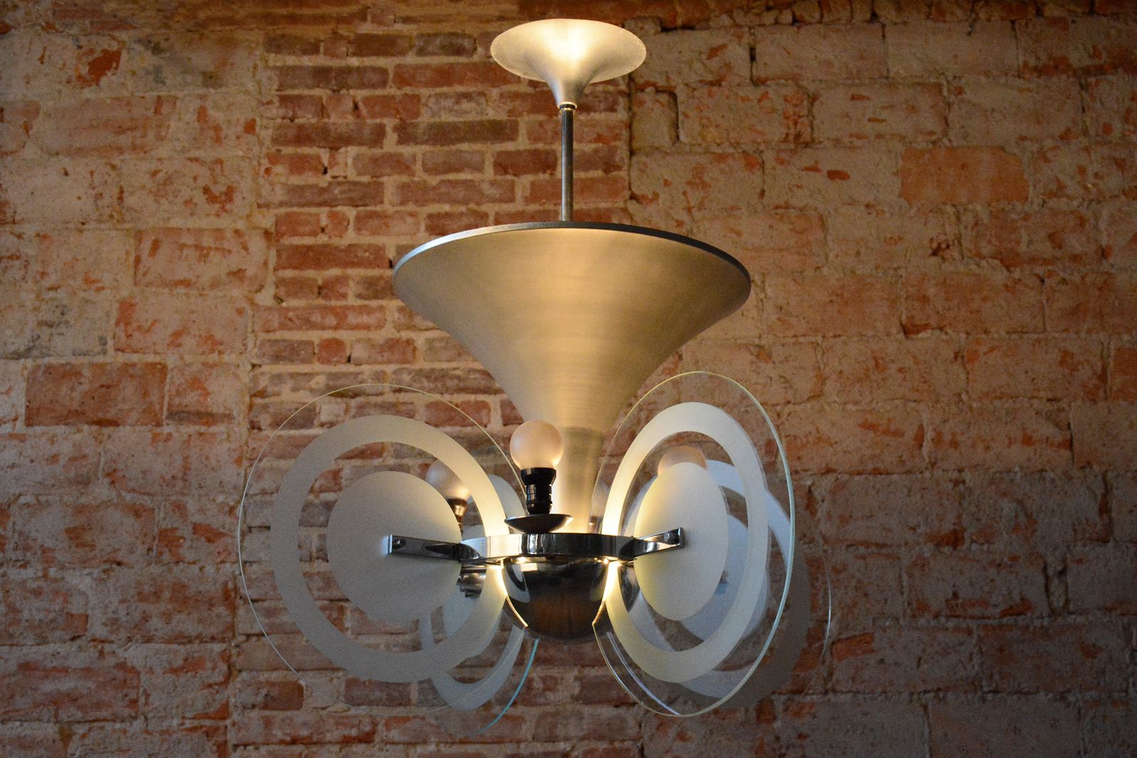 photo buy Restored Bauhaus Chandelier, By F. Anýž, Chrome, Sandblasted Glass, Czech, 1930s