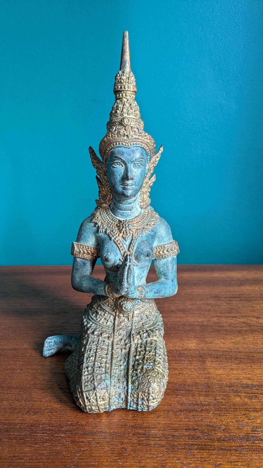 Vintage Gilded Bronze Kneeling Deity Statue | Thai Temple Guardian Figure | Turquoise Patina Decor Possibly Thepanom
