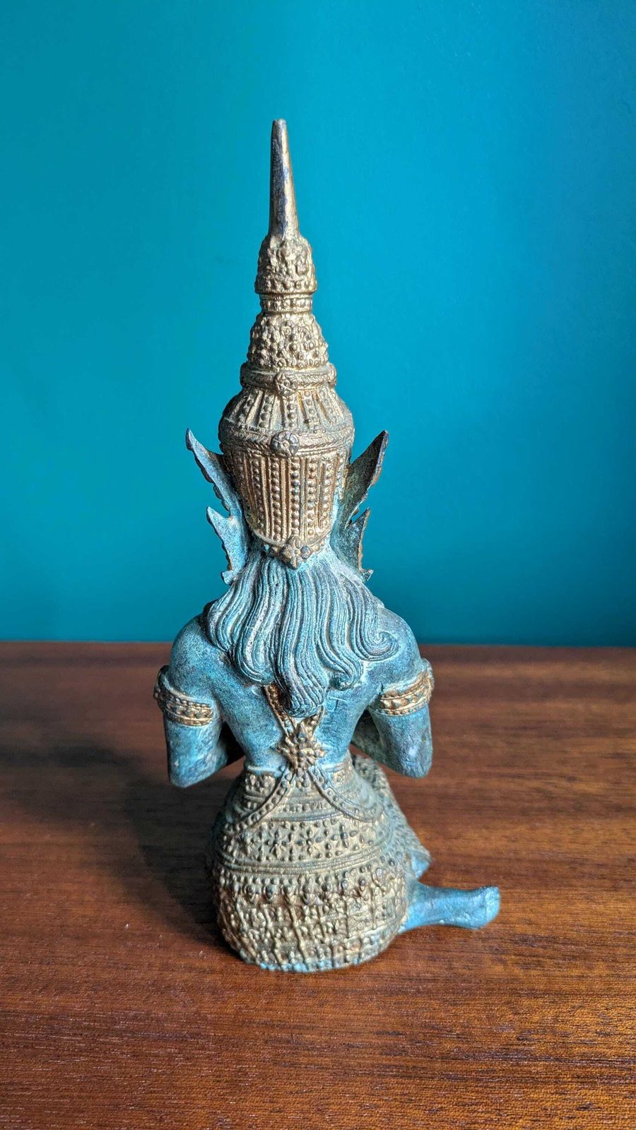 Vintage Gilded Bronze Kneeling Deity Statue | Thai Temple Guardian Figure | Turquoise Patina Decor Possibly Thepanom photo Art