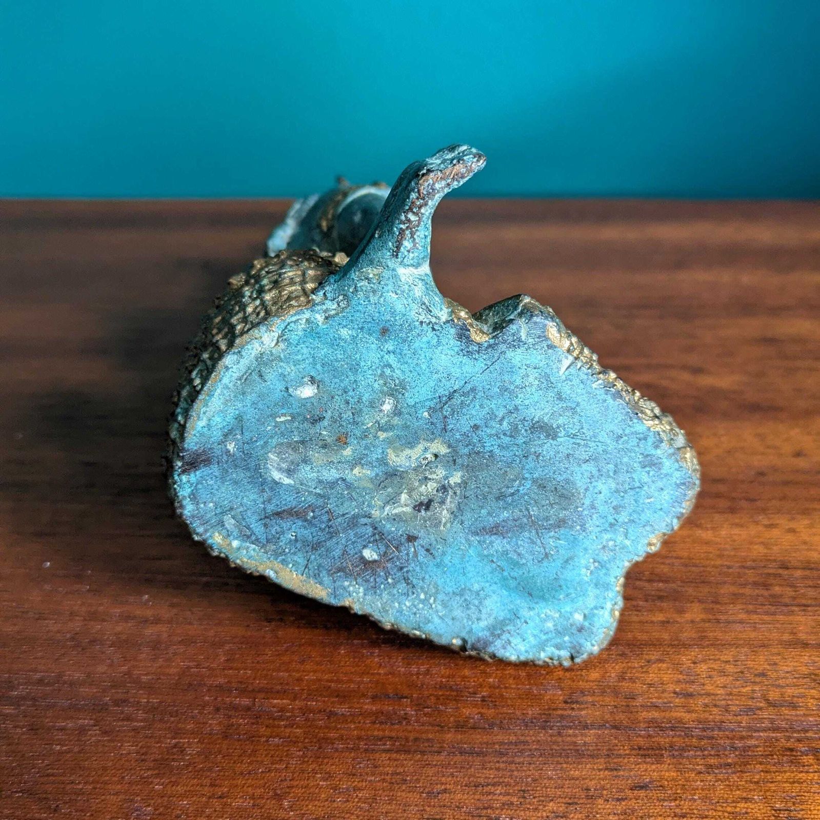 Vintage Gilded Bronze Kneeling Deity Statue | Thai Temple Guardian Figure | Turquoise Patina Decor Possibly Thepanom photo 100.0
