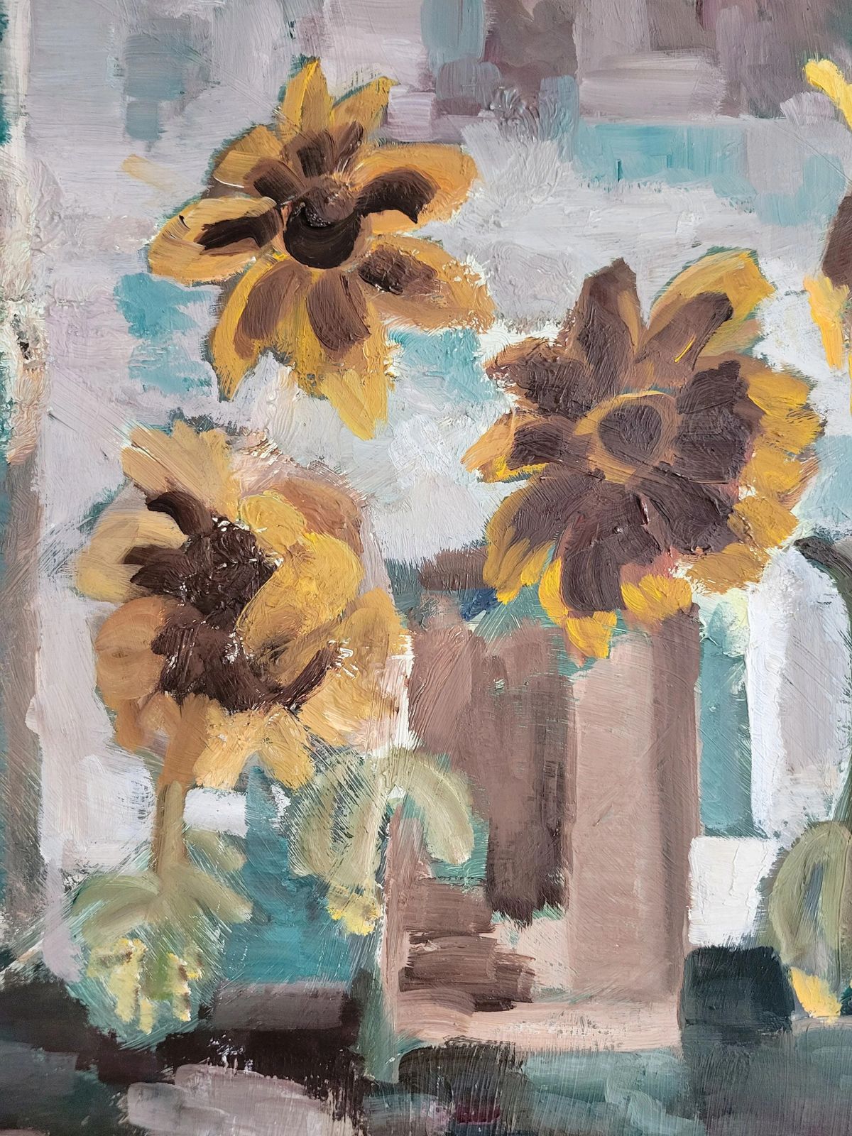 Original Framed Vintage Mid Century Swedish Expressionist Landscape Sunflowers And Glass Bottles photo vinterior