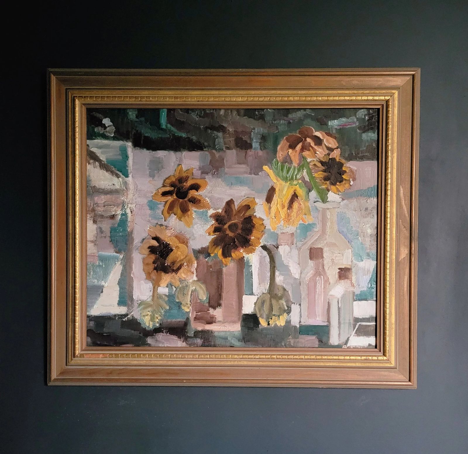 Original Framed Vintage Mid Century Swedish Expressionist Landscape Sunflowers And Glass Bottles