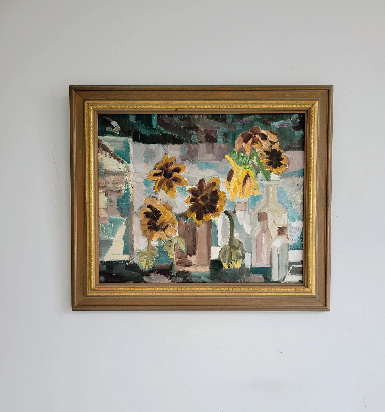Art Original Framed Vintage Mid Century Swedish Expressionist Landscape Sunflowers And Glass Bottles photo
